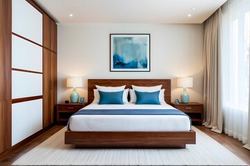 Hotel resort room with  brown and blue color theme.
