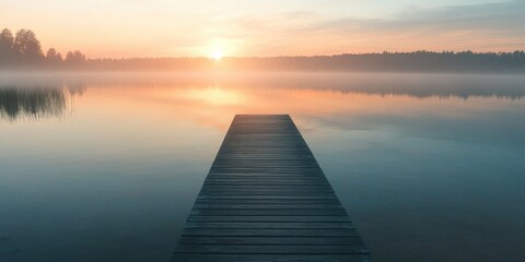 Fototapeta premium Peaceful scene with a wooden dock leading to a lake at sunset. A calm environment with mist rising from the water. Ideal setting for relaxation or photography.