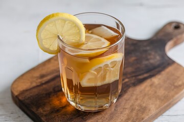 Fototapeta premium a glass filled with fruit tea and a lemon slice