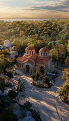 Naklejka premium Serene high angle view of a byzantine orthodox church in harmony with its natural landscape