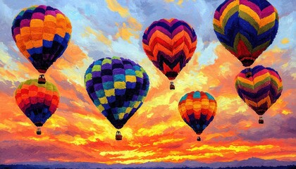 Fototapeta premium A vibrant sunset scene featuring colorful hot air balloons soaring against a dramatic sky.