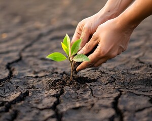 Person Planting Tree in Dry Cracked Land with New Growth Symbolizing Hope Against Global Warming