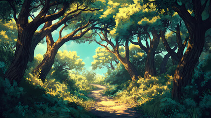 Fototapeta premium Panoramic view of an old pine forest with sunlit branches and a narrow path leading to diverging trails, symbolizing choice and adventure. Sunlit Forest. Illustration