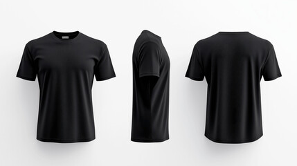 Set of three black t-shirts displayed in front, side, and back views on a plain white background showcasing basic casual fashion design.