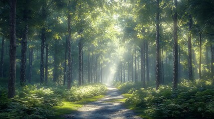 Obraz premium A path through a lush forest, sunlight streaming through the trees, creating a magical atmosphere.