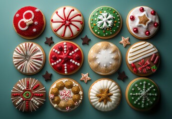 Decorated Christmas Cookies With Festive Designs on Teal Background
