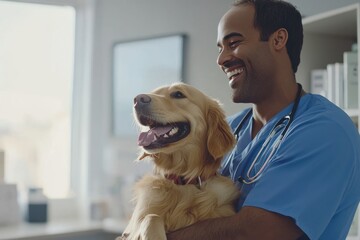 A male veterinarian in a blue nurse uniform stands holding a cute golden retriever and looking at each other, both smiling with happiness and joy behind the clinic room.