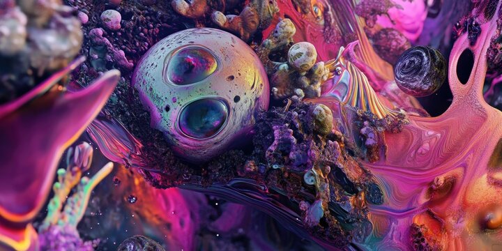 A whimsical and colorful surreal painting featuring bizarre shapes and vibrant hues, evoking a sense of fantasy and imagination.