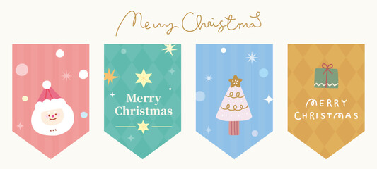 Cute Hand drawn Merry Christmas Party Colorful Flag Decoration Sticker Packaging Template