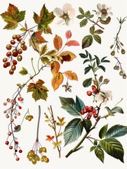 A variety of fall leaves and berries in a botanical illustration style.