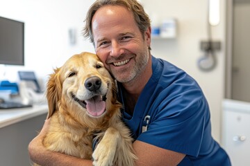 A male veterinarian in a blue nurse uniform stands holding a cute golden retriever and looking at each other, both smiling with happiness and joy behind the clinic room.