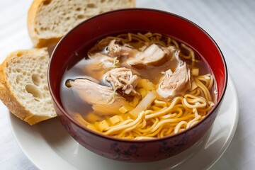 cooked noodles and chunks of chicken.