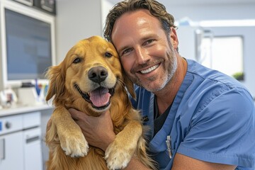 A male veterinarian in a blue nurse uniform stands holding a cute golden retriever and looking at each other, both smiling with happiness and joy behind the clinic room.