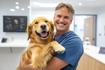 A male veterinarian in a blue nurse uniform stands holding a cute golden retriever and looking at each other, both smiling with happiness and joy behind the clinic room.