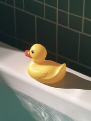 Bright yellow rubber duck sitting on edge of a light colored bath tub, suggesting bath time or playfulness in cleaning chores. Perfect for children's bathrooms and summer fun.