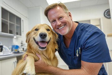 A male veterinarian in a blue nurse uniform stands holding a cute golden retriever and looking at each other, both smiling with happiness and joy behind the clinic room.