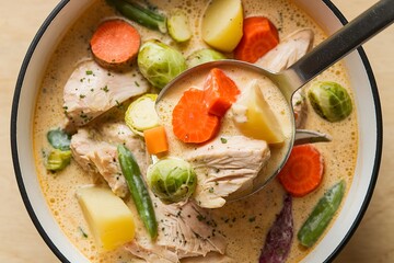 A photo of a bowl filled with a creamy chicken stew