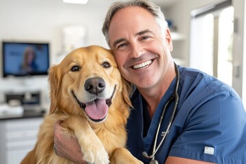 A male veterinarian in a blue nurse uniform stands holding a cute golden retriever and looking at each other, both smiling with happiness and joy behind the clinic room.