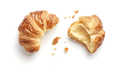 Artfully arranged butter croissant with bitten piece, showcasing flaky layers and creamy filling