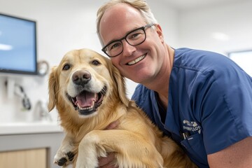 A male veterinarian in a blue nurse uniform stands holding a cute golden retriever and looking at each other, both smiling with happiness and joy behind the clinic room.