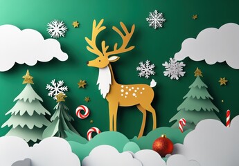 3D paper art on a green background with white clouds, snowflakes, and golden deer, candy canes, and pine trees. Christmas card design illustration with the text 