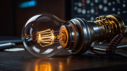 Tungsten retro light bulb close-up. Glass light bulb, thread roasting
