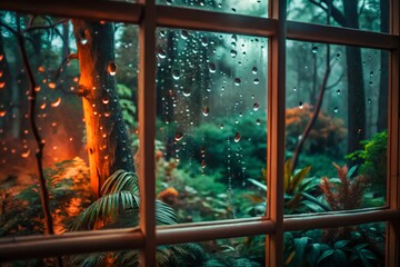 Wet window with raindrops overlooking a lush green forest. This peaceful background emphasizes nature's tranquility, perfect for adding serene ambiance.