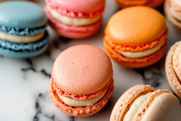 Fototapeta premium A colorful assortment of macarons displayed on a marble surface, showcasing their delicate textures and vibrant hues.