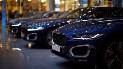 Cinematic shot showcasing luxury cars in dealership interior, highlighting elegance