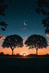 Three silhouetted trees against a vibrant sunset with a rising moon in the sky