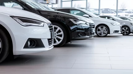 Modern car dealership showcasing various luxury vehicles in sleek environment