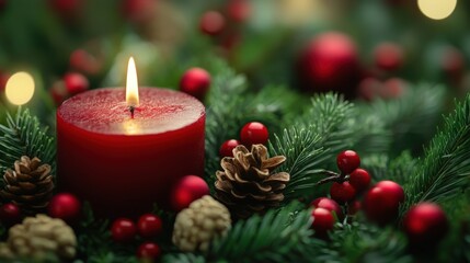 A glowing red candle surrounded by festive greenery and ornaments creates a warm holiday atmosphere filled with joy