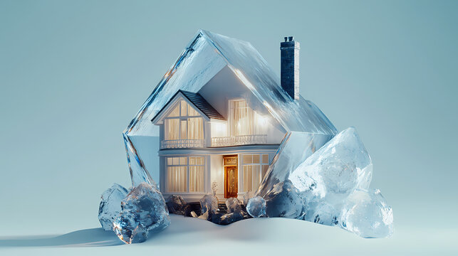 House inside a crystal shield, representing invulnerability, 3d illustration,. Crystal Fortress. Illustration