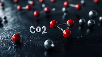 3D representation of carbon dioxide molecules with atoms and chemical notation.