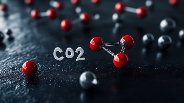 3D representation of carbon dioxide molecules with atoms and chemical notation.