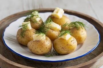 A photo of young boiled potatoes with butter and dill on a white plate