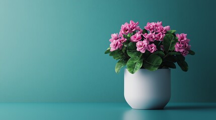 Fototapeta premium A vibrant potted plant with pink flowers sits against a teal background, showcasing a serene and modern home decor aesthetic.