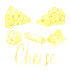 Hand drawn watercolor piece slice cube of cheese isolated on white background. Can be used for postcard, label, scrapbook and other printed products.