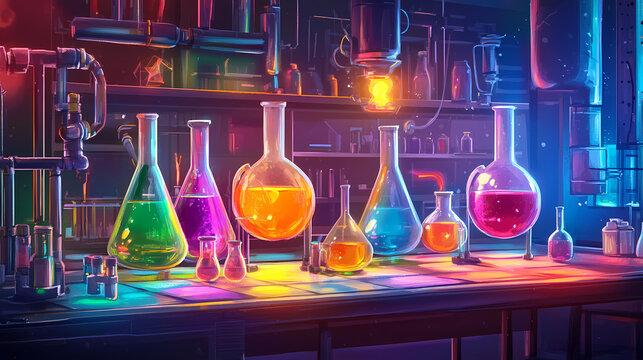 Illustration of a vibrant cartoon chemistry laboratory with various colored flasks and potions for experiments. Sci-Fi Laboratory. Illustration