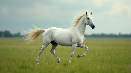 White Stallion Galloping Freely in Green Pasture Majestic Horse with Flowing Mane Symbol of Freedom
