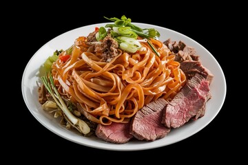 a plate of food, predominantly featuring glossy, golden-brown boiled vermicelli pasta