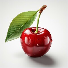 Cherry with leaf isolated on white and transparent background