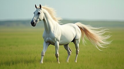 Obraz premium White Stallion Galloping Freely in Green Pasture Majestic Horse with Flowing Mane Symbol of Freedom