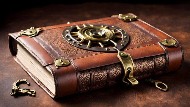 Steampunk Leather Journal with Brass Lock and Gears
