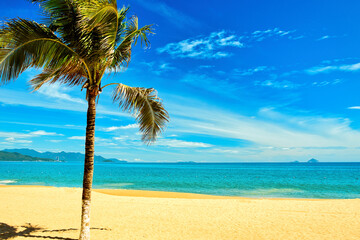 Nha Trang city, Vietnam - October 29, 2024 : Overlooking the beautiful coast of Nha Trang with palm trees on the beach with deck chair and parasol. Beautiful white sand tropical beach in coastal city.