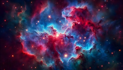 A colorful, high-resolution image of a vibrant nebula in deep space, with swirling clouds of red, blue, and purple gas. Bright stars are scattered throughout the scene, 