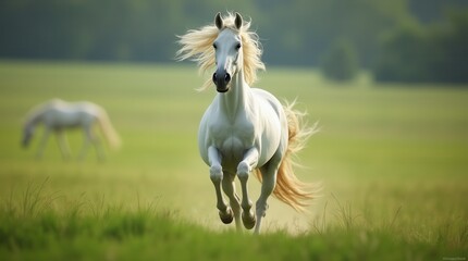 Fototapeta premium White Stallion Galloping Freely in Green Pasture Majestic Horse with Flowing Mane Symbol of Freedom