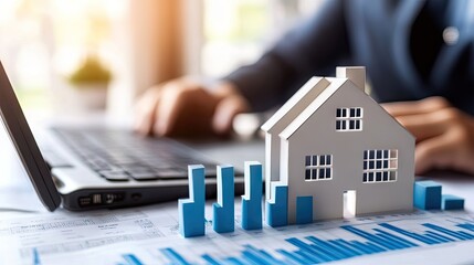 Real estate investor using computer in office with growth graphs, showcasing a successful property market analysis and investment.