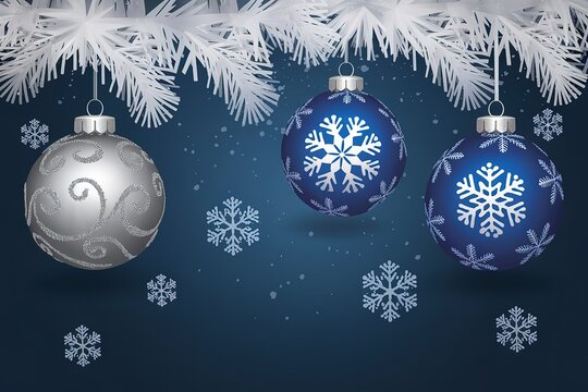 a festive winter scene with three hanging ornaments against a deep blue background