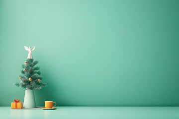 Small Christmas tree with angel topper, tiny festive accents, 3D illustration